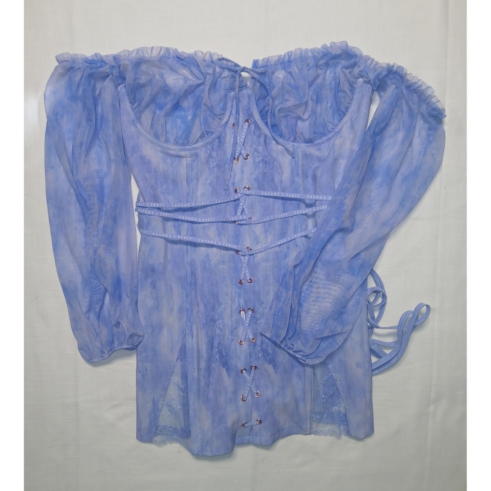 Savage X Fenty Blue Marble Lace Up Corset Mini Dress Sheer Mesh XL - Picture 13 of 13